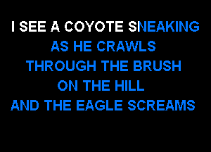 I SEE A COYOTE SNEAKING
AS HE CRAWLS
THROUGH THE BRUSH
ON THE HILL
AND THE EAGLE SCREAMS