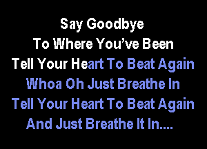 Say Goodbye
To Where Yowve Been
Tell Your Heart To Beat Again
Whoa 0h Just Breathe In
Tell Your Heart To Beat Again
And Just Breathe It In....