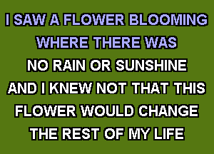 I SAW A FLOWER BLOOMING
WHERE THERE WAS
N0 RAIN 0R SUNSHINE
AND I KNEW NOT THAT THIS
FLOWER WOULD CHANGE
THE REST OF MY LIFE