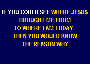 IF YOU COULD SEE WHERE JESUS
BROUGHT ME FROM
TO WHERE I AM TODAY
THEN YOU WOULD KNOW
THE REASON WHY