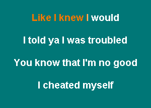 Like I knew I would

ltold ya I was troubled

You know that I'm no good

I cheated myself