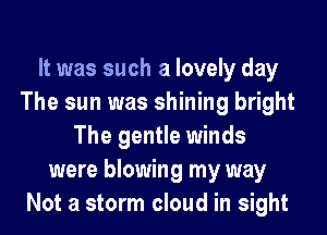 It was such a lovely day
The sun was shining bright
The gentle winds
were blowing my way
Not a storm cloud in sight