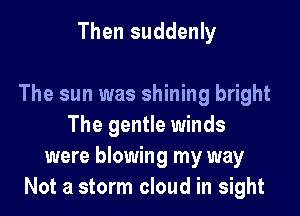 Then suddenly

The sun was shining bright

The gentle winds
were blowing my way
Not a storm cloud in sight