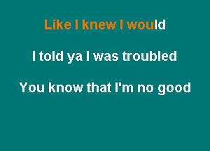 Like I knew I would

ltold ya I was troubled

You know that I'm no good