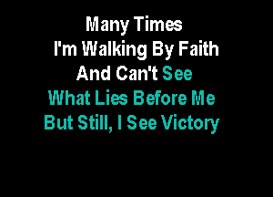 Many Times
I'm Walking By Faith
And Can't See
What Lies Before Me

But Still, I See Victory