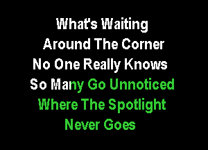 What's Waiting
Around The Corner
No One Really Knows

So Many Go Unnoticed
Where The Spotlight
Never Goes