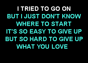 I TRIED TO GO ON
BUT I JUST DON'T KNOW
WHERE TO START
IT'S SO EASY TO GIVE UP
BUT SO HARD TO GIVE UP

WHAT YOU LOVE