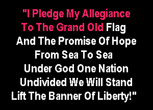 I Pledge My Allegiance
To The Grand Old Flag
And The Promise Of Hope
From Sea To Sea
Under God One Nation
Undivided We Will Stand
Lift The Banner Of Liberty!
