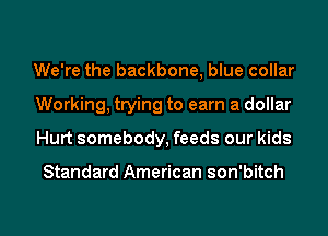 We're the backbone, blue collar
Working, trying to earn a dollar
Hurt somebody, feeds our kids

Standard American son'bitch