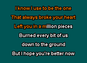 I know I use to be the one
That always broke your heart
Left you in a million pieces

Burned every bit of us

down to the ground

But I hope you're better now I