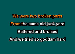 We were two broken parts
From the same oldjunk yard

Battered and bruised

And we tried so goddam hard
