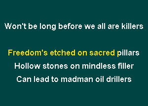 Won't be long before we all are killers

Freedom's etched on sacred pillars
Hollow stones on mindless f'lller
Can lead to madman oil drillers