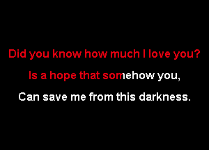 Did you know how much I love you?

Is a hope that somehow you,

Can save me from this darkness.