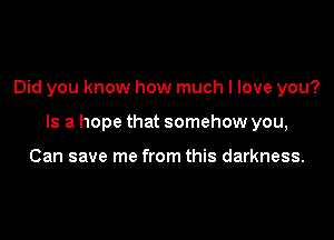 Did you know how much I love you?

Is a hope that somehow you,

Can save me from this darkness.