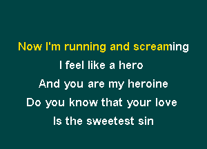 Now I'm running and screaming
I feel like a hero
And you are my heroine

Do you know that your love

Is the sweetest sin