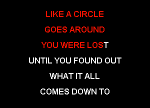 LIKE A CIRCLE
GOES AROUND
YOU WERE LOST

UNTIL YOU FOUND OUT
WHAT IT ALL
COMES DOWN TO