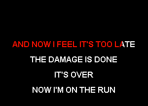 AND NOWI FEEL IT'S TOO LATE

THE DAMAGE IS DONE
IT'S OVER
NOW I'M ON THE RUN