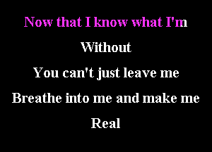 N 0W that I knowr What I'm
Without
You can't just leave me

Breathe into me and make me

Real