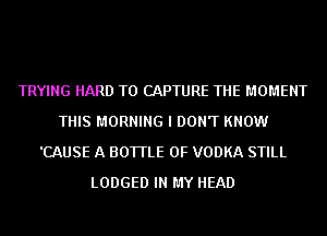 TRYING HARD TO CAPTURE THE MOMENT
THIS MORNING I DON'T KNOW
'CAUSE A BOTTLE 0F VODKA STILL
LODGED IN MY HEAD