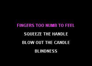FINGERS T00 NUMB T0 FEEL

SQUEEZE THE HANDLE
BLOW OUT THE CANDLE
BLINDNESS