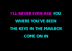 I'LL NEVER EVEN ASK YOU
WHERE YOU'VE BEEN
THE KEYS IN THE MAILBOX
COME ON IN