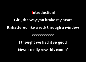 llntroductionl
Girl, the way you broke my heart
It shattered like a rock through a window
))
lthought we had it so good

Never really saw this comin'