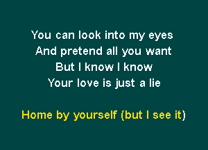 You can look into my eyes
And pretend all you want
But I know I know
Your love is just a lie

Home by yourself (but I see it)