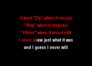 It went Zip when it moved
Bop when it stopped
Whirn when it stood still

I never knew just what it was

and I guess I never will