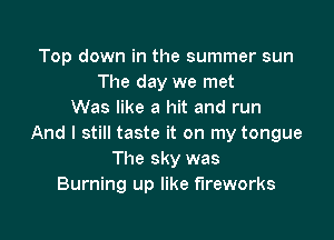 Top down in the summer sun
The day we met
Was like a hit and run

And I still taste it on my tongue
The sky was
Burning up like fireworks