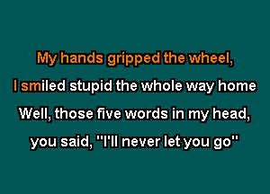 My hands gripped the wheel,
I smiled stupid the whole way home
Well, those five words in my head,

you said, I'll never let you go