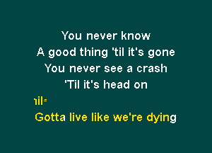 You never know
A good thing 'til it's gone
You never see a crash

'Til it's head on
1il-
Gotta live like we're dying