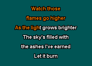 Watch those

flames go higher

As the light grows brighter

The sky's filled with
the ashes I've earned
Let it burn