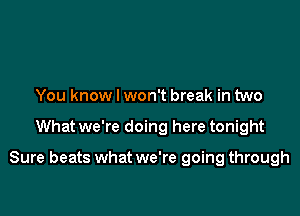 You know I won't break in two

What we're doing here tonight

Sure beats what we're going through