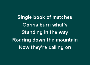 Single book of matches
Gonna burn what's

Standing in the way
Roaring down the mountain
Now they're calling on
