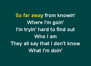 So far away from knowin'
Where I'm goin'
I'm tryin' hard to find out

Who I am
They all say that I don't know
What I'm doin'