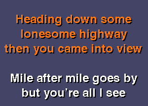 Heading down some
lonesome highway
then you came into view

Mile after mile goes by
but yowre all I see