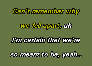 Can't remember why

we fell apart, uh
I'm cen'ain that we 're

so meant to be, yeah