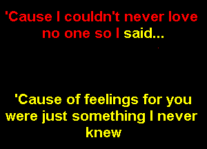 'Cause I couldn't never love
no one so I said...

'Cause of feelings for you
were just something I never
knew