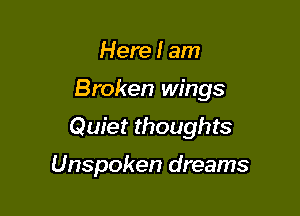 Here I am

Broken wings

Quiet thoughts

Unspoken dreams