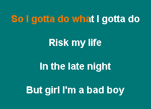 So I gotta do what I gotta do
Risk my life

In the late night

But girl I'm a bad boy