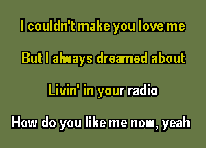 I couldn't make you love me
But I always dreamed about

Livin' in your radio

How do you like me now, yeah