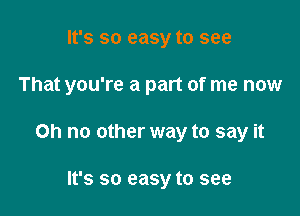 It's so easy to see

That you're a part of me now

Oh no other way to say it

It's so easy to see