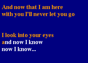 And now that I am here
With you I'll never let you go

I look into your eyes
and now I know
now I know...