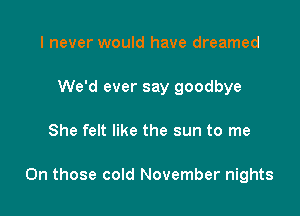 I never would have dreamed
We'd ever say goodbye

She felt like the sun to me

On those cold November nights