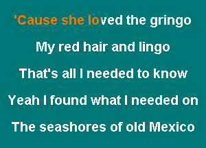 'Cause she loved the gringo
My red hair and lingo
That's all I needed to know
Yeah I found what I needed on

The seashores of old Mexico