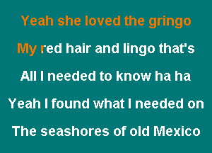 Yeah she loved the gringo

My red hair and lingo that's

All I needed to know ha ha
Yeah I found what I needed on

The seashores of old Mexico