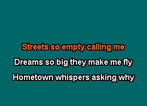 Streets so empty calling me

Dreams so big they make me fly

Hometown whispers asking why