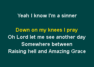 Yeah I know I'm a sinner

Down on my knees I pray

Oh Lord let me see another day
Somewhere between
Raising hell and Amazing Grace