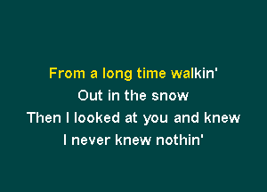 From a long time walkin'

Out in the snow
Then I looked at you and knew
I never knew nothin'