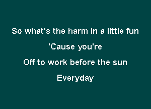 So what's the harm in a little fun
'Cause you're

Off to work before the sun

Everyday